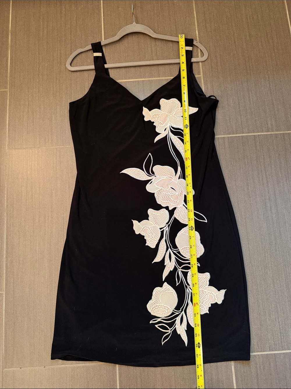 White House Black Market Black Slip Dress with Blush Floral Applique - Picture 4 of 7